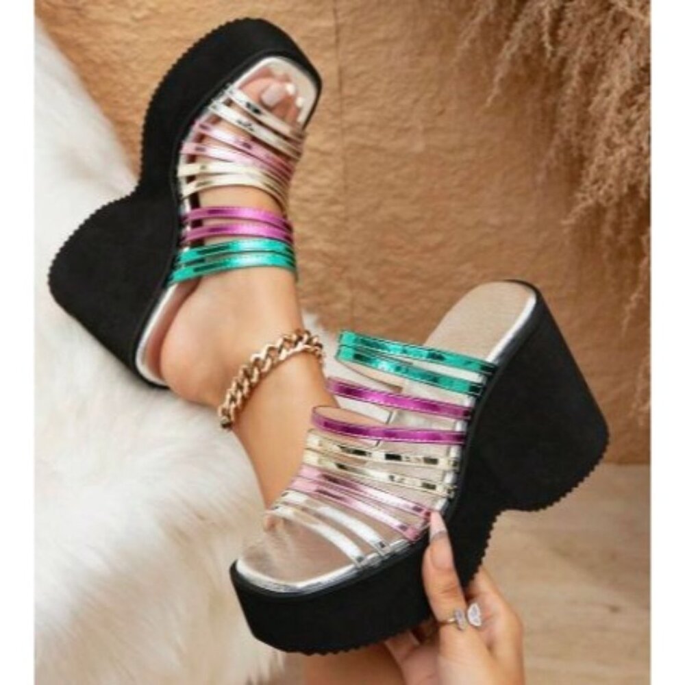 Strappy Metallic Women's Wedge Fashion Heels